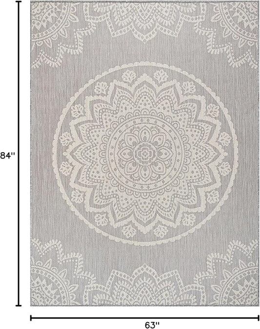 CAMILSON Outdoor Rug 6x9 Modern Area Rugs for Indoor and Outdoor Patios and Porches - Waterproof, Washable, Non-Shedding, Easy-to-Clean Outside Carpet (6 x 9, Medallion - Grey/White)