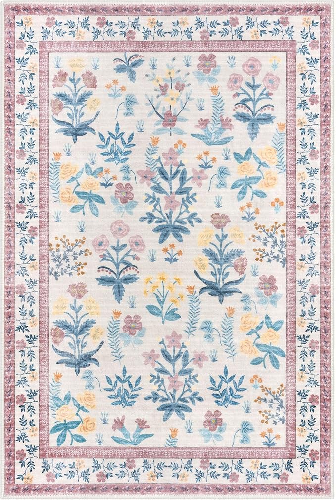 Boho Entryway Rug 2x3 Washable, Blush Pink Floral Kitchen Rug, Super Thin Faux Wool Small Area Rug, Non-Slip Soft Carpet for Girls Room, Bedroom, Office