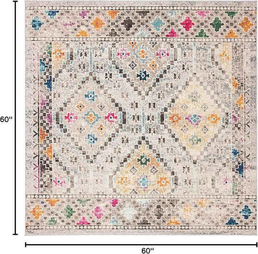 SAFAVIEH Madison Collection Area Rug - 5' Square, Grey & Yellow, Boho Diamond Distressed Design, Non-Shedding & Easy Care, Ideal for High Traffic Areas in Living Room, Bedroom (MAD418F)