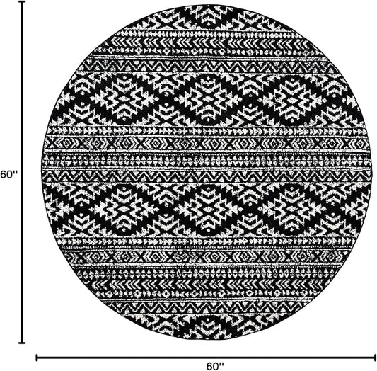 SAFAVIEH Tulum Collection Area Rug - 5' Round, Black & Ivory, Moroccan Boho Tribal Design, Non-Shedding & Easy to Clean, Ideal for Living Room, Bedroom, Dining Space (TUL272Z)