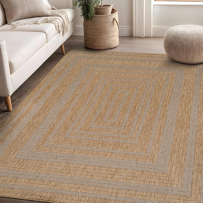 Beverly Rug Easy Jute Framed Border Rug 10x14 Washable Large Indoor Outdoor Area Rugs for Living Dining Room Patio Office Stain Resistant Non Shedding Casual Indoor Outside Carpet 10 x 14 Natural