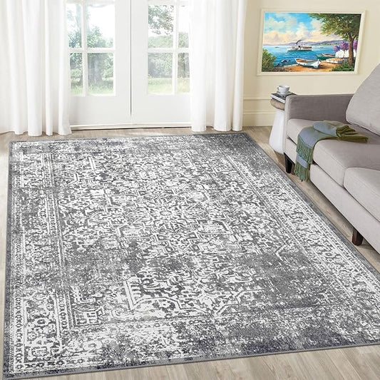 vivorug 9x12 Area Rugs, Stain Resistant Washable Rug for Living Room, Vintage-Inspired Grey Rug