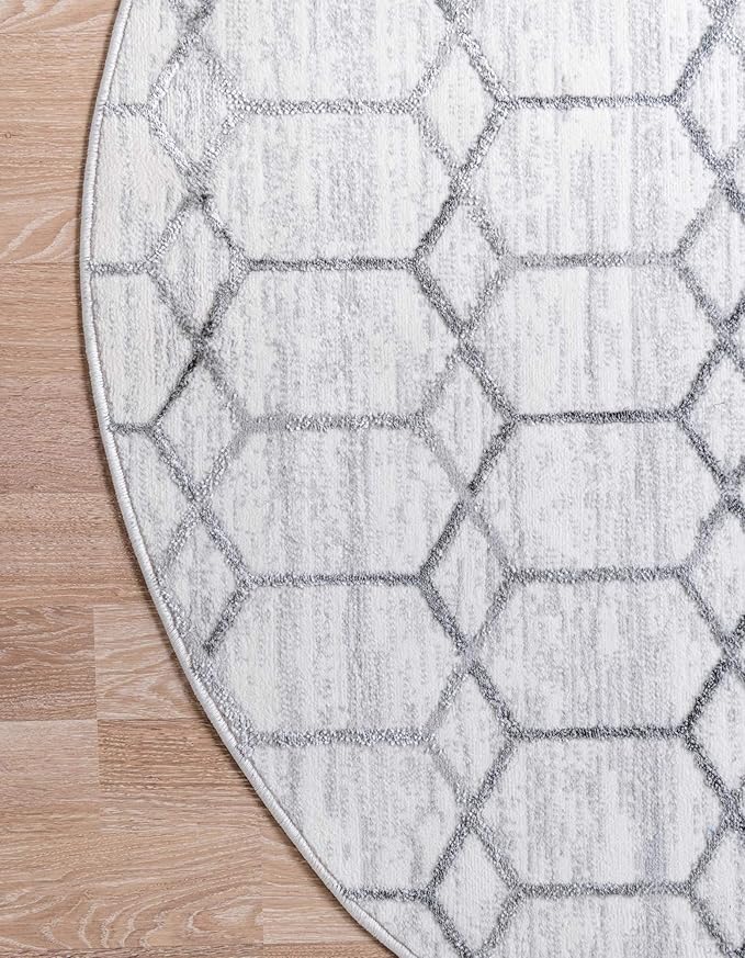 Rugs.com Lattice Trellis Collection Rug – 3 Ft Round White Low-Pile Rug Perfect for Kitchens, Dining Rooms