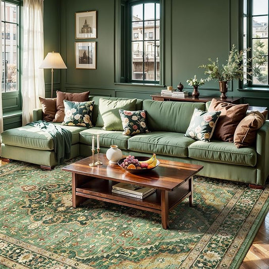 Green Rugs for Living Room - Boho 4x6 Area Rug Ultra Soft Vintage Rugs for Bedroom Playroom Decor, Low Pile Non-Slip Backing Throw Rugs Washable (Border Green