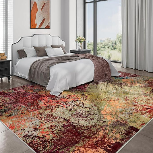 Arbosofe Modern Abstract Rug for Living Room, 6'x9' Washable Area Rug with Non-Slip Backing & Short Pile, Large Carpet with Abstract Pattern for Living Room Bedroom and Dining Floor Carpet Red Orange