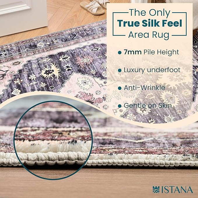 Istana Hallway Runner Rug 2x8 – Dark Grey Blue/Rose Mauve Entryway Rug -Silk's Soft Touch Runners for Hallways - Stylish Kitchen Runner Rug Non Slip