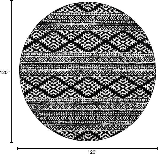 SAFAVIEH Tulum Collection Area Rug - 10' Round, Black & Ivory, Moroccan Boho Tribal Design, Non-Shedding & Easy to Clean, Ideal for Living Room, Bedroom, Dining Space (TUL272Z)