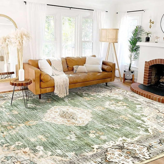 MUJOO 9’x12’ Area Rug Large Rugs for Living Room Green Rug for Bedroom Dining Room Boho Rug Washable Rug Non Slip Big Carpet Abstract Soft Low-Pile Floral Flowers