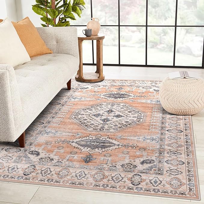 vivorug 9x12 Area Rugs for Living Room, Non Slip Machine Washable Vintage Rug, Ultra-Thin Lightweight Large Area Rug for Bedroom Nursery Dining Room, Low Pile Orange