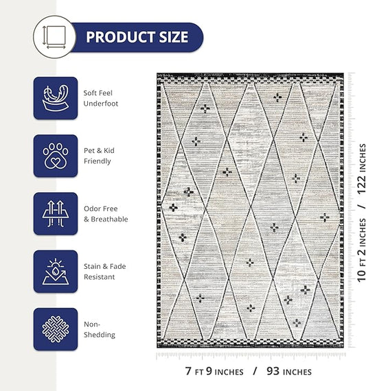 Abani Viva Cream & Grey Area Rug 8' x 10' for Living Room, Bedroom - Farmhouse Diamond Pattern - Durable & Easy to Clean