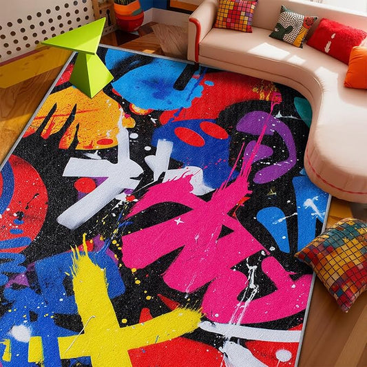 Geometric Rug, Colorful Abstract Pop Art Area Rugs 5x6, Retro Funky Art Non Slip Thin Carpets House Decor #C071