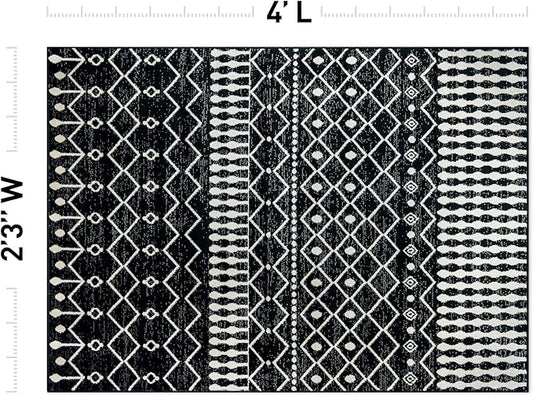 Rugshop Boho Black and White Tribal Area Rug – Geometric Diamond and Stripe Pattern Carpet for Living Room, Bedroom, or Entryway – Soft Modern Bohemian Floor Décor 2' 3" x 4' Black