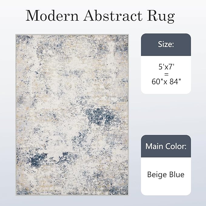5x7 Washable Area Rugs - Modern Abstract Rugs for Living Room Non-Slip Low Pile Soft Machine Washable Carpet for Bedroom, Dining Room, Nursery, Home Office, Farmhouse (5'x7' Beige Blue)