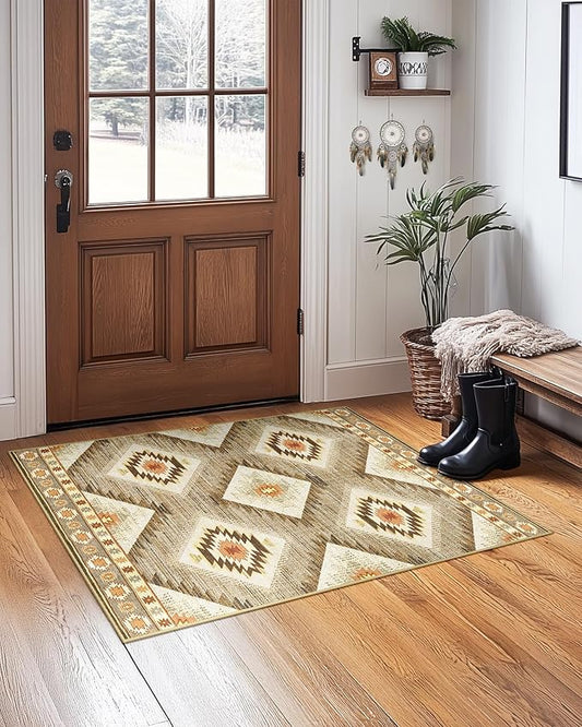 Area Rug 2x3 Rug Machine Washable Non-Slip Low Pile Print Pattern Western Rug for Living Room Bedroom Entryway Tribal Series -Cream/Camel