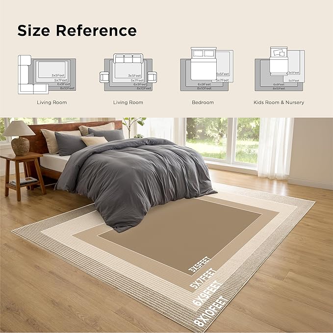 Bedsure 8x10 Faux Wool Area Rugs for Living Room, Machine Washable Carpet, Non-Slip Backing, Pet Friendly Throw Rug for Bedroom Dining Room, Linen