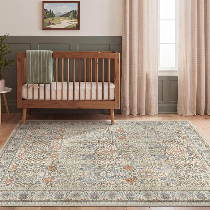 Bavni Area Rugs for Living Room, 5x7 Area Rugs Non-Slip Washable,Ultra-Thin Aesthetic Boho Rug for Bedroom Dinning Room Office, Earth Yellow