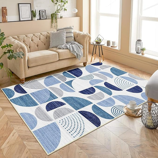 MUJOO Blue Rug Boho Washable,4x6.5 Area Rugs for Bedroom Entryway Living Room Bedside,Small Throw Floor Carpet Non Slip Soft Indoor Modern Abstract Navy Blue