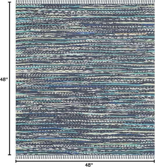 SAFAVIEH Rag Rug Collection Area Rug - 4' Square, Ink & Multi, Handmade Boho Stripe Cotton, Ideal for High Traffic Areas in Living Room, Bedroom (RAR121C)