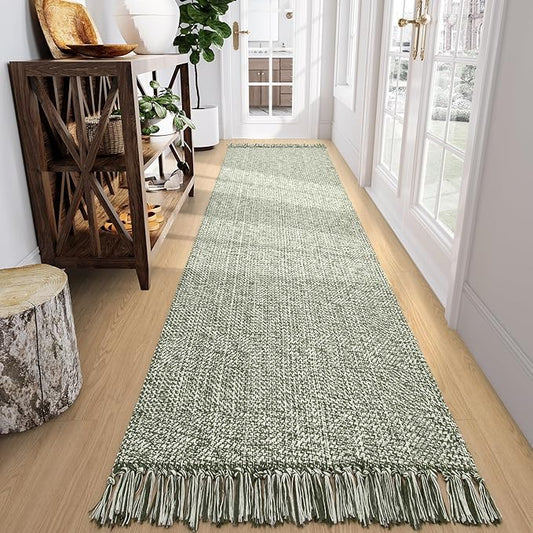 Collive Long Hallway Rug 2.6' x 10' - Washable Indoor Olive Green Cream Braided Woven Kitchen Rugs Low-Profile Door Floor Carpet for Bedroom Doorway