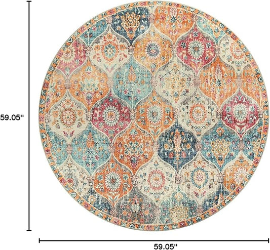 Lahome Moroccan Trellis Washable Round Area Rug, Round Rug 5ft Soft Non-Slip, Non-Shedding Distressed Circle Carpet for Bedroom Living Room Bathroom Nursery Kitchen, Cream/Multi