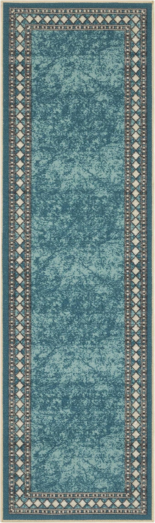 Antep Rugs Alfombras Modern Bordered 2x10 Non-Skid (Non-Slip) Low Profile Pile Rubber Backing Indoor Area Runner Rugs (Blue, 2' x 10')
