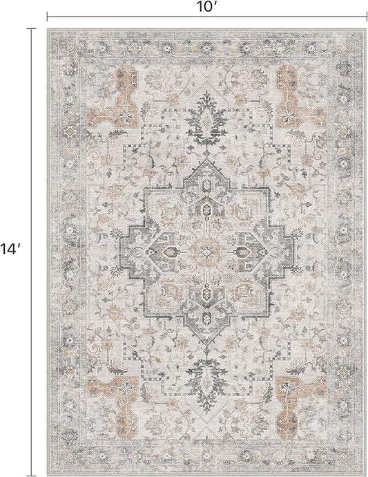 10x14 Area Rugs for Living Room, Non Slip Machine Washable Vintage Rugs, Low Pile Lightweight Print Large Rug for Bedroom, Dining Room, Home Office, Light Taupe Brown