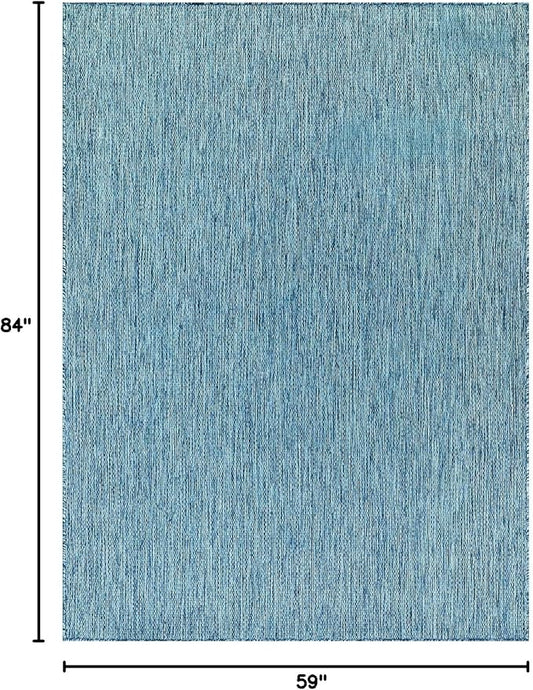 Beverly Rug Indoor Outdoor Rug 5x7, Washable Outside Carpet for Patio, Deck, Porch, Solid Modern Area Rug, Water Resistant, Aqua Blue