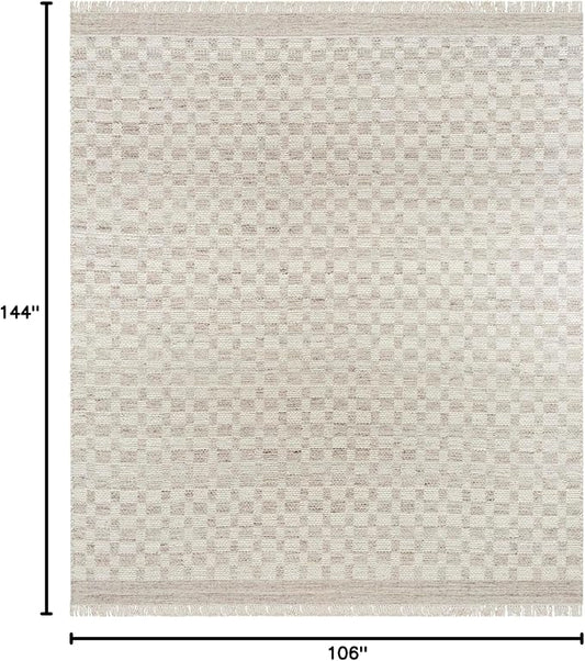 Mark&Day Wool Rugs, 9x12 Clinten Solid and Border Light Gray Checkered Rug, Grey Ivory Carpet for Living Room, Bedroom or Kitchen (8'10" x 12')