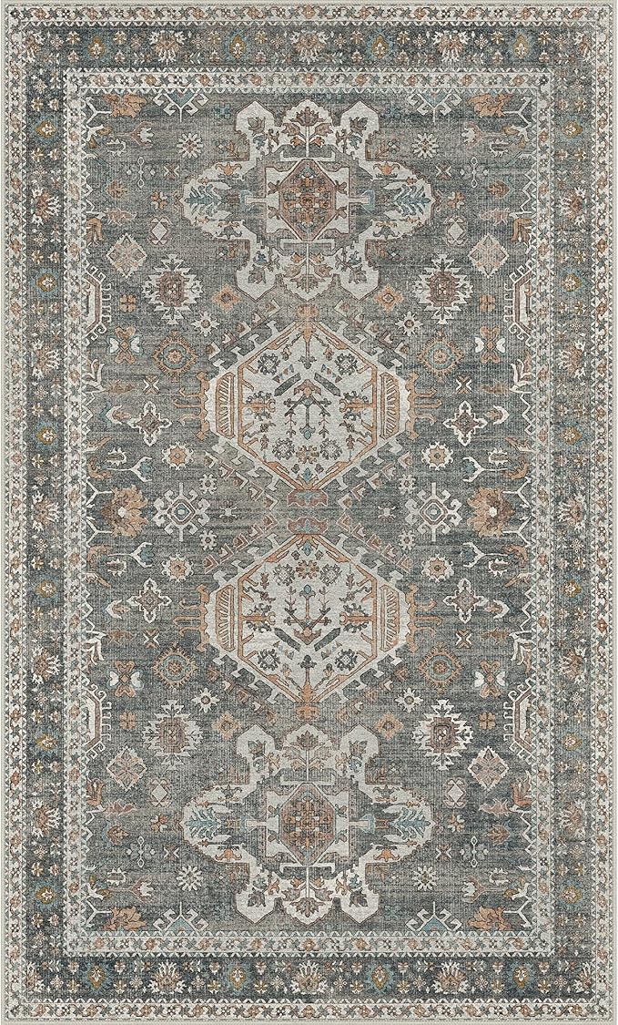 Bavni 3x5 Area Rug for Living Room Bedroom, Washable Boho Print Vintage Aesthetic Rug, Ultra-Thin Low Pile Rugs for Entryway Playroom with Non Slip Backing, Grey