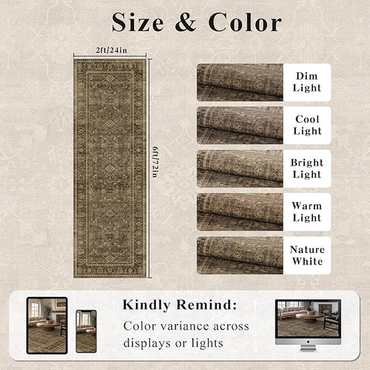 2x6 Runner Rug for Hallways Vintage Distressed Non Slip Long Carpet Floral Boho Distress Print Pattern Mat Lightweight Retro Accent Throw Carpet for Kitchen Bedroom Bedside Laundry Room-Brown 
