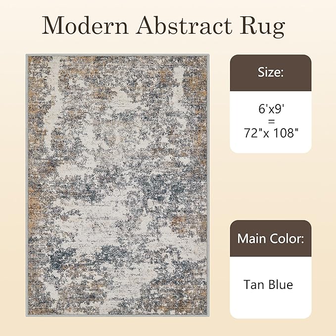 6x9 Washable Area Rugs - Modern Abstract Rugs for Living Room Non-Slip Low Pile Soft Machine Washable Carpet for Bedroom, Dining Room, Nursery, Home Office, Farmhouse (6'x9' Tan Blue)