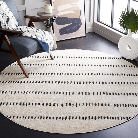 SAFAVIEH Melody Collection Area Rug - 6'7" Round, Ivory & Black, Modern Design, Non-Shedding & Easy Care, Ideal for High Traffic Areas in Living Room, Bedroom, Dining Room (MEL114A-7R)