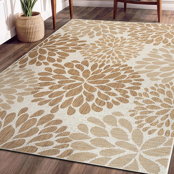Beverly Rug Outdoor Rug 6x9 Modern Exotic Tropical Leaf Area Rugs for Indoor and Outdoor Patio Deck Porch Garden Water Resistant Washable Outside Carpet (6 x 9 Beige)