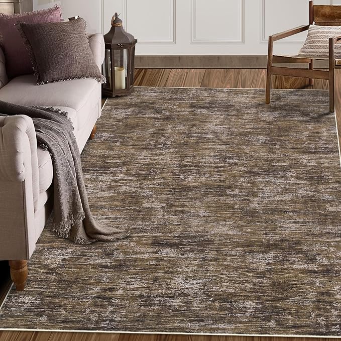 RUGSREAL Washable Rug 10x13 for Living Room Modern Abstract Area Rug Non-Slip Large Contemporary Bedroom Rug Stain Resistant Aesthetic Accent Floor Carpet Foldable Solid Rug for Home Office, Brown