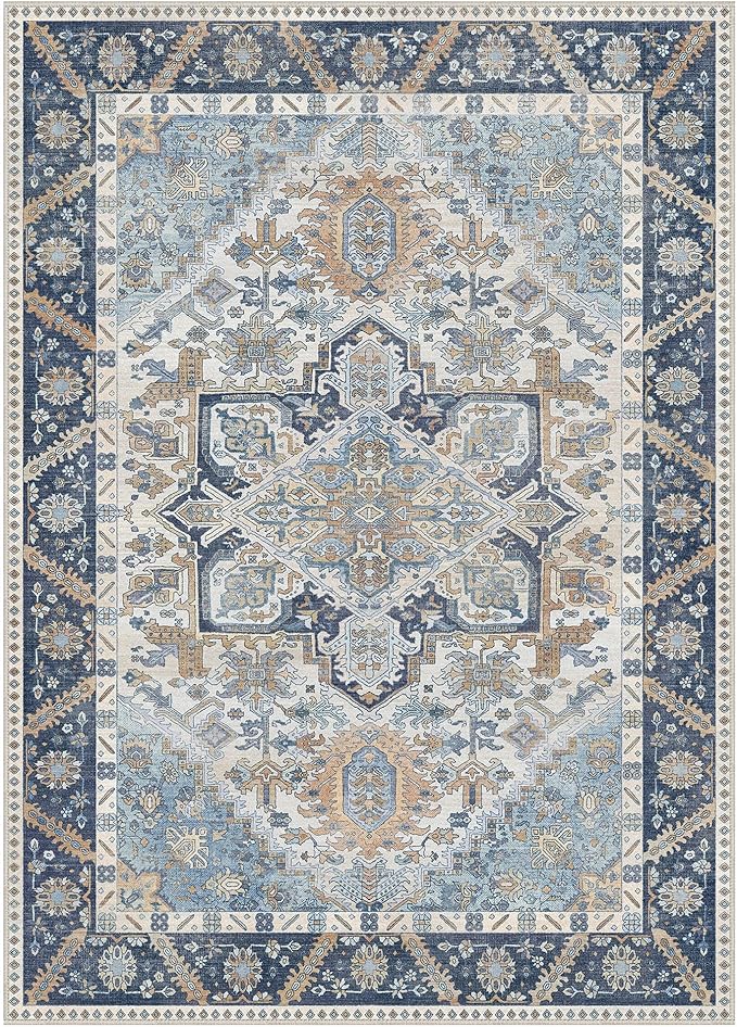 5x7 Area Rug Machine Washable Boho Rug for Living Room,Ultra-Thin Low Pile Carpet,Lightweight Indoor Printed Rug,Non Slip Floral Area Rug for Bedroom, Dining Room, Home Office,Blue