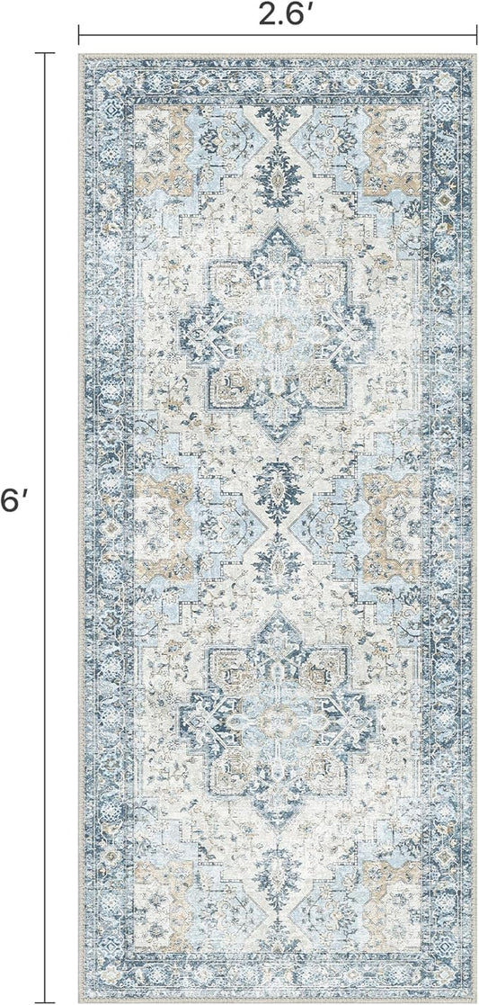 Runner Rug 2'6''x6, Non Slip Vintage Hallway Runner Rugs, Machine Washable Runners, Low Pile Lightweight Mat for Entryway, Hallway, Kitchen and Corridor, Blue