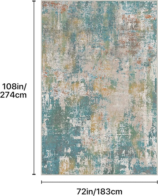 GENIMO 6x9 Area Rugs for Living Room, Machine Washable Rug Non Slip, Low Pile Ultra-Thin Lightweight Large Carpet, Abstract Modern Rugs for Bedroom, Dining Room, Office, Nursery, Teal/Beige