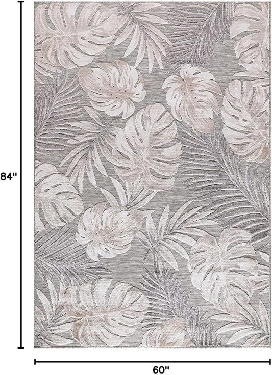 CAMILSON Indoor Outdoor Rug, Beige 5x7 Leaf Tropical Botanical Area Rugs for Indoor and Outdoor patios, Easy-Cleaning Non-Shedding Living Room, Garden and Kitchen Washable Outside Carpet (5 x 7)