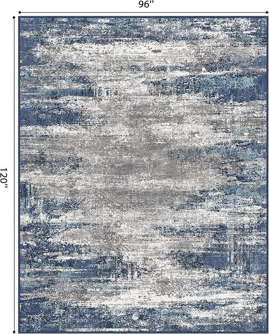 GENIMO 8x10 Area Rugs, Machine Washable Rugs for Living Room, Non Slip Indoor Modern Rug,Low Pile Lightweight Blue Print Carpet for Bedroom Dining Room Home Office, Blue Ivory