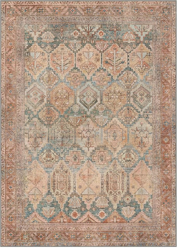 Bavni Washable Rug 8x10 Area Rug for Living Room Bedroom Dining, Washable Vintage Print Carpet, Ultra-Thin Chenille Low Pile Lightweight Rug with Non Slip Backing, Clay