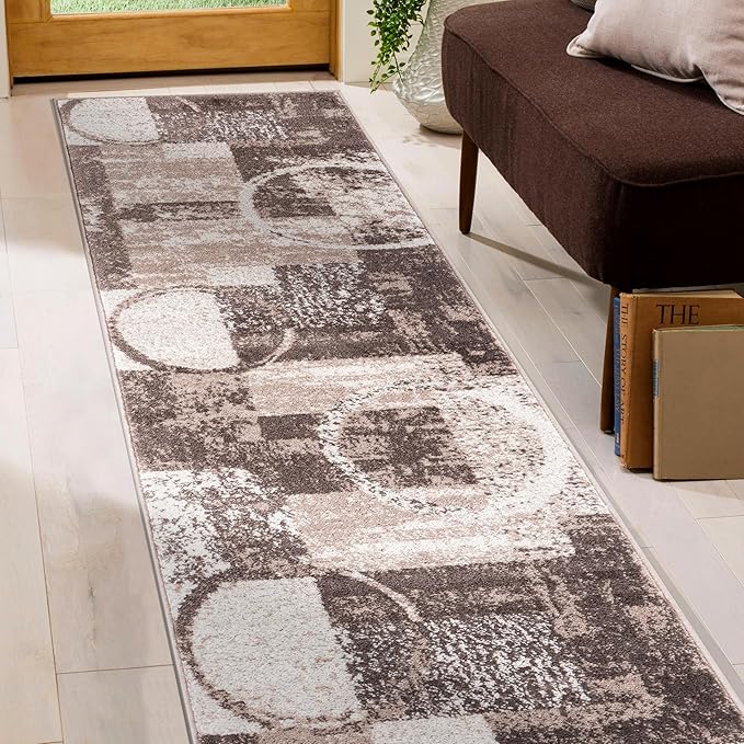Rugshop Contemporary Abstract Circle Design Runner Rug, Fade-Resistant Carpet for Hallway, Entryway, or Kitchen, Brown, 2' x 7'2"
