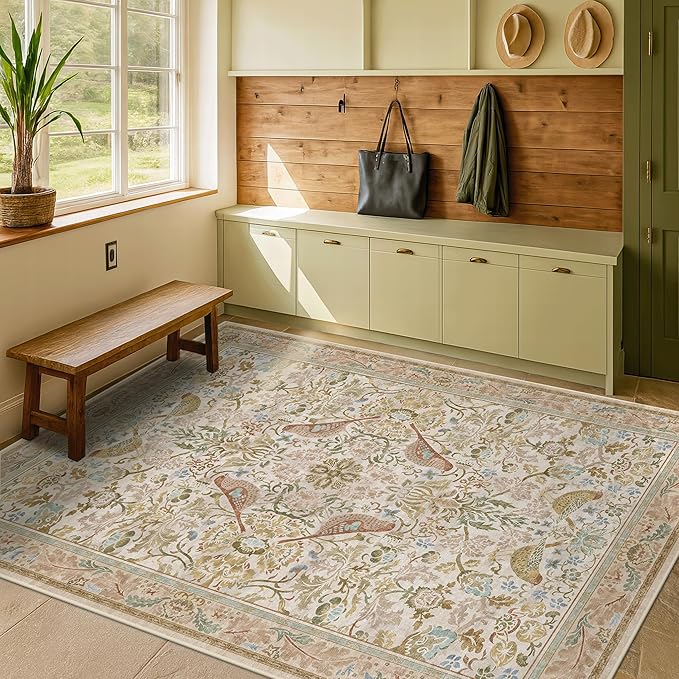 Washable Area Rugs 5x7 for Living Room - Boho Cottagecore Earthy Rugs for Bedroom, Dinning Room, Office with Vintage Beige Taupe Botanical & Bird Pattern, Non Slip Stain Resistant Low Pile