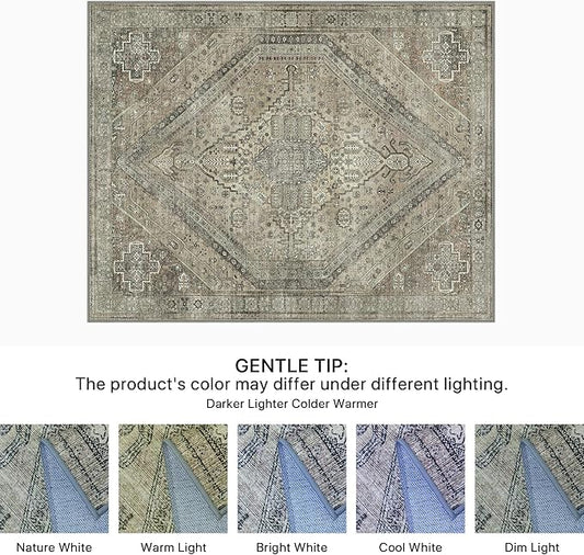 Bavni Washable Rug 3x5 Area Rug for Living Room Bedroom Dining, Washable Vintage Print Carpet, Ultra-Thin Chenille Low Pile Lightweight Rug with Non Slip Backing, Tan