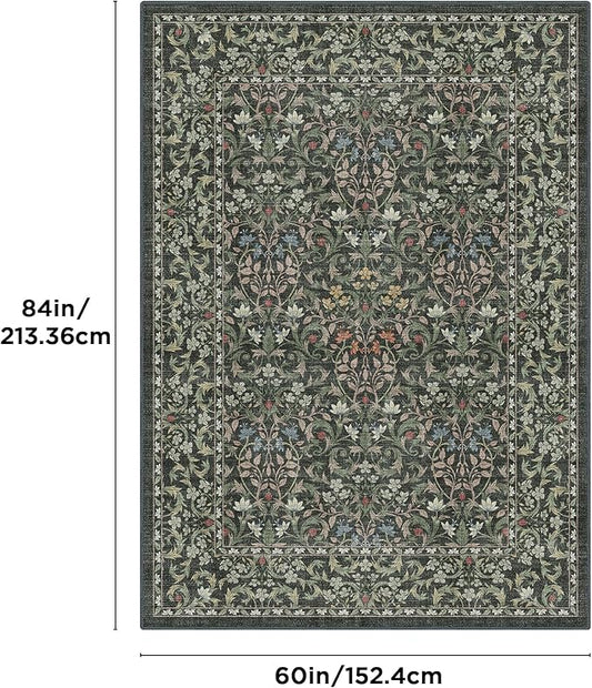 Bavni 5x7 Area Rugs for Living Room, Floral Rug Machine Washable Non Slip, Vintage Boho Forest Carpet, Soft Low Pile Thin Lightweight Rugs for Bedroom, Farmhouse, Dining Room Office, Emerald Green