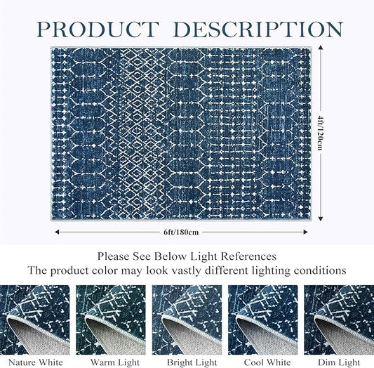 Lahome Moroccan Blue Carpet for Living Room 4x6 Area Rug Non-Slip Ultra-Thin Soft Bedroom Rug Stain Resistant Modern Carpet with Geometric Print, Suitable for Office, Kitchen, Entryway, Dining Room
