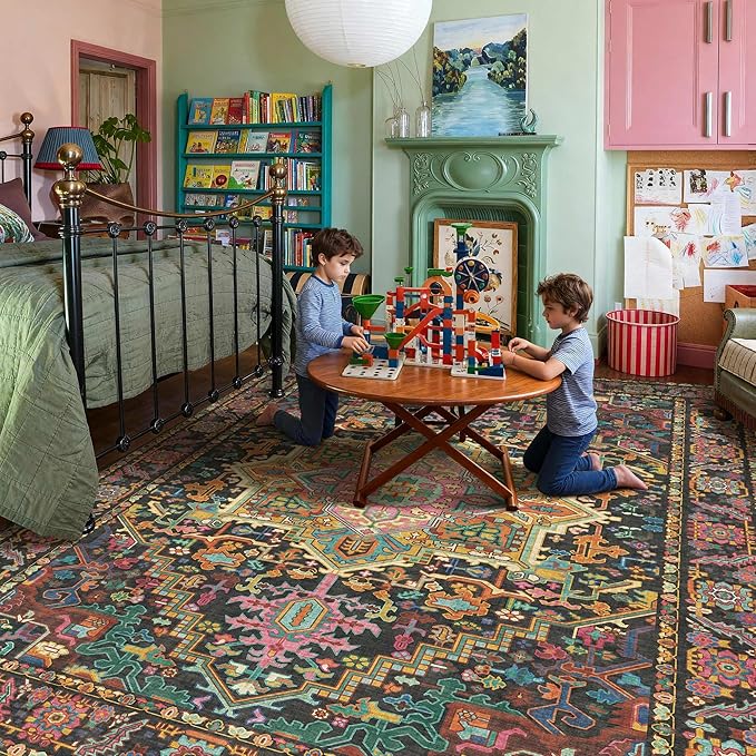 Kokia 8x10 Washable Black and Pink Area Rugs with Vintage Orient Design Soft Rug for Living Room or Bedroom Non-Slip Low Pile Stain Resistance Features Distressed Medallion Pattern