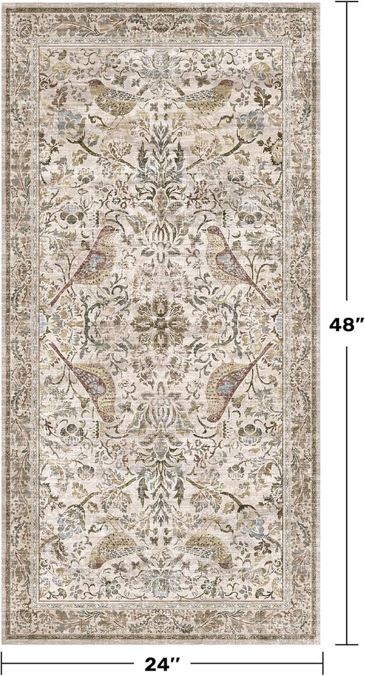 Boho Moss 2x4 Small Rugs for Entryway, Vintage Washable Low Pile & Soft Throw Rugs for Kitchen, Bathroom - Classic Home Décor, Bird & Botanical Design Stain Resitant Non Slip Carpet