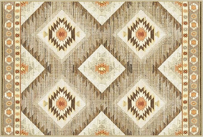 Area Rug 5x8 Rug Machine Washable Non-Slip Low Pile Print Pattern Western Rug for Living Room Bedroom Entryway Tribal Series-Cream/Camel
