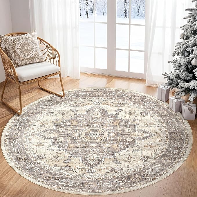 Round Rug Living Room Rugs: 4x4 Washable Boho Neutral Circle Soft Non-Slip Indoor Vintage Stain Resistant Floor Farmhouse Carpet for Bedroom Nursery Kids Playroom Entryway Dorm Home- Beige Brown
