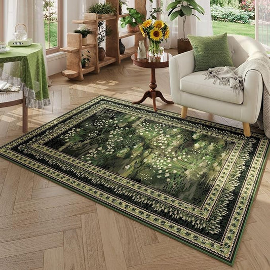 Rugcomf 4x6 Rug for Bedroom Impressionist-Style Vintage Washable Rugs Non Slip Low Pile Small Carpet for Bedside Kids Room Office Dining Room, Green